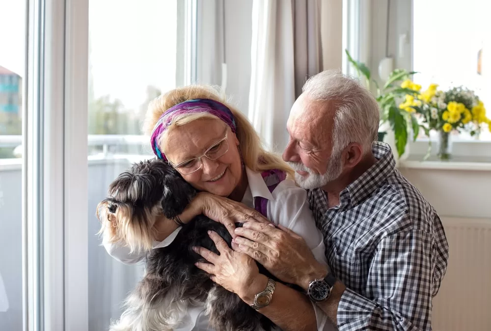 An elderly couple hug their emotional support dog and each other. 